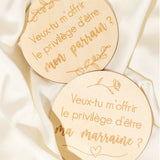 Pastille de Bois Annonce Bébé – Duo Parrain & Marraine 4 pouces